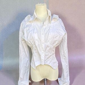 White Corset Style Button Up Shirt Fitted Waist Y2K Office Core Blouse